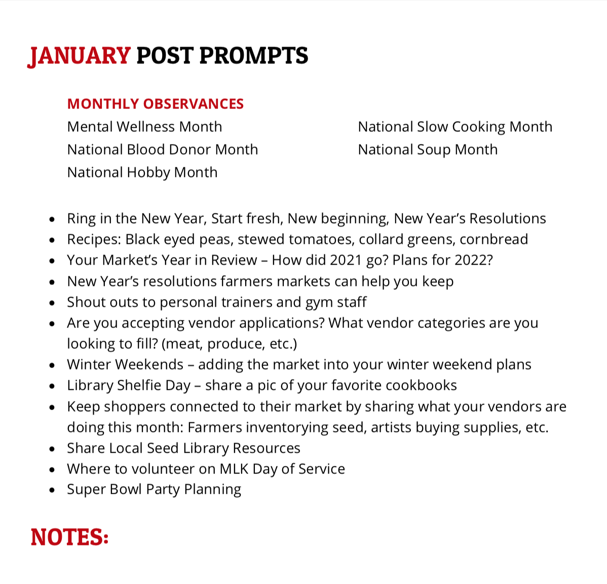 January 2022 Farmers Market Social Media Post Prompts