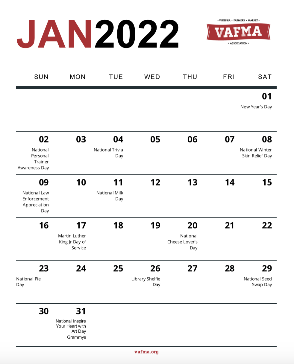 January 2022 Farmers Market Social Media Content Calendar